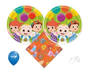 cocomelon birthday party supplies with cake plates and napkins for 16 guests