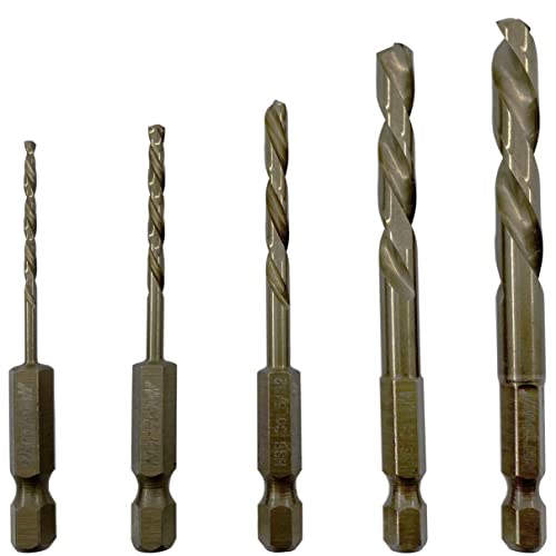 NordWolf 5-Piece Cobalt Alloy Steel Left Hand Drill Bit Set, Reverse Twist with 1/4" Hex Shank for Screw Extractors, SAE Sizes 5/64"-7/64"-5/32"-1/4"-19/64" in Storage Box