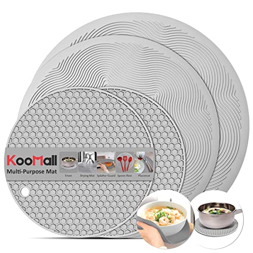 4 in 1, KooMall Trivets for Hot Dishes Pots and Pans & Multi-Purpose Microwave Mat, Silicone Pot Holders for Kitchen Counter, Hot Plates Pads to Protect Quartz Table, Heat Resistant, Gray 10'' 8'' 7''