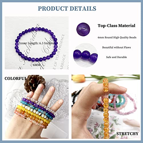 JEWPARK 20Pcs Gemstone 6mm Round Beads Bracelet Set Healing Crystal Stone Stretch Bracelets for Men Women Round Beaded Elastic Bracelets