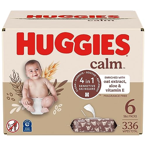 Huggies Calm Baby Wipes, Unscented, Hypoallergenic, 6 Push Button Packs (336 Wipes Total)