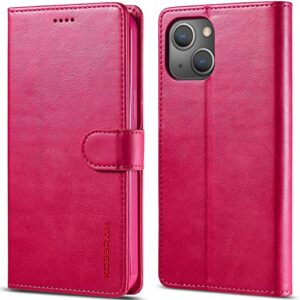 kobbran for iphone 14 wallet case iphone 13 case leather with credit card slots holder flip folio cover shockproof wallet case for iphone 14/iphone 13 phone case for women men (rose red)