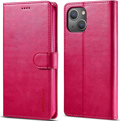 KOBBRAN for iPhone 14 Wallet Case iPhone 13 Case Leather with Credit Card Slots Holder Flip Folio Cover Shockproof Wallet Case for iPhone 14/iPhone 13 Phone Case for Women Men (Rose Red)