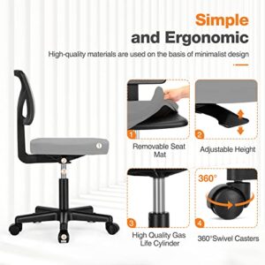Armless Small Home Office Desk Chair, Ergonomic Low Back Computer Chair, Adjustable Rolling Swivel Task Chair with Lumbar Support for Small Space, 1 Pack, Grey
