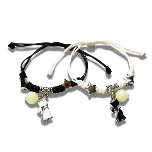 Glow in the Dark Friendship Bracelets with Matching Charm for Kids, Girls, Teens, Couples, and Friends. Gift for Relationships, Family, Birthday or Anniversary (Large Cat)