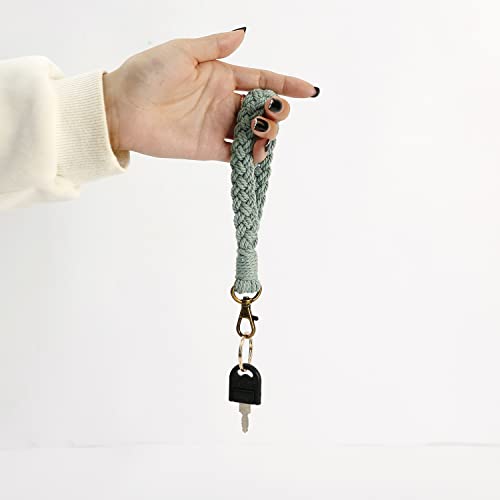 Fuqimanman2020 Handmade Boho Macrame Keychain Soft Pom Pom Wristlet Keychain Bracelet Keyring Holder Wrist Lanyard With Faux Fur Ball Fluffy for Women Girls(Light Green)