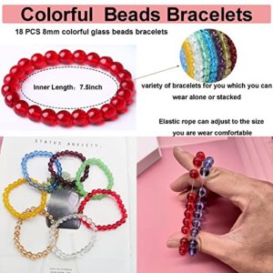 CASDAN 21Pcs 8mm Beaded Stretch Bracelet Handmade Glass Bracelet for Women Men Colorful Crystal Beads Bracelet Elastic Round Bead Bracelets Jewelry