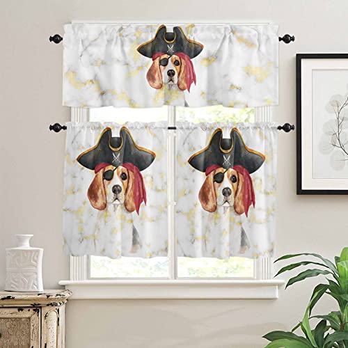 3 Pieces Kitchen Valance Window Curtain Set Abstract Geometric Pirate Dog White Gold Marble,Rod Pocket Valances Light Filtering Drape Cartoon Animal,Tier Curtains for Living Room Bedroom Bathroom