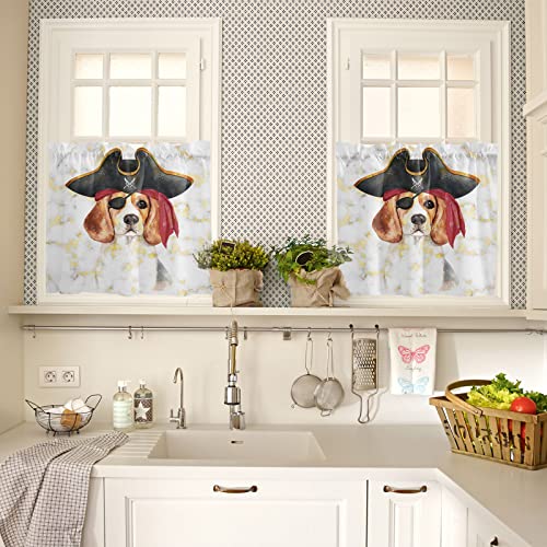 3 Pieces Kitchen Valance Window Curtain Set Abstract Geometric Pirate Dog White Gold Marble,Rod Pocket Valances Light Filtering Drape Cartoon Animal,Tier Curtains for Living Room Bedroom Bathroom