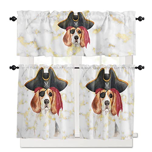 3 Pieces Kitchen Valance Window Curtain Set Abstract Geometric Pirate Dog White Gold Marble,Rod Pocket Valances Light Filtering Drape Cartoon Animal,Tier Curtains for Living Room Bedroom Bathroom