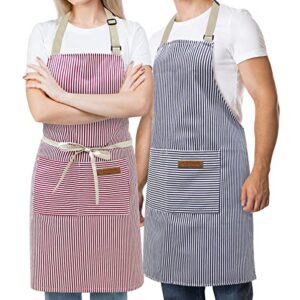 ayla home 2 pcs aprons for women with pockets, adjustable neck strap, polycotton chef aprons for men, for kitchen cooking restaurant bbq painting crafting (blue/pink pinstripes)