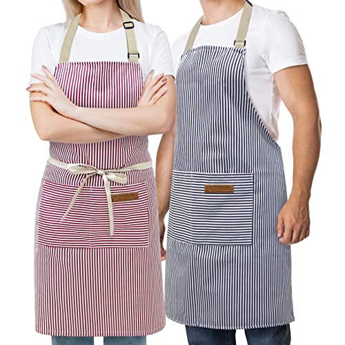 Ayla home 2 Pcs Aprons for Women with Pockets, Adjustable Neck Strap, Polycotton Chef Aprons for Men, for Kitchen Cooking Restaurant BBQ Painting Crafting (Blue/Pink Pinstripes)