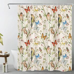 lb floral plant shower curtain watercolor flower butterfly hummingbird beige backdrop boho vintage bathroom decor with hooks, easy care polyester fabric bathroom curtain 60x72 inch