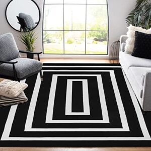lanffia black and white area rug 6x9ft contrasting geometric modern stripe symmetrical indoor outdoor rug machine washable extra large rugs woven cotton floor carpet for living room/balcony/backyard