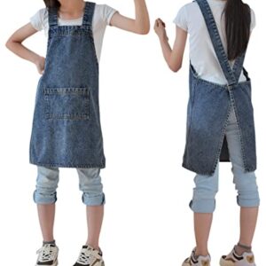 Vanoker Kids Denim Cotton Canvas Cross Back Aprons Kitchen Garden Square Children Pure Child Smock with Pocket for Baking Paint Cook (Blue, M)