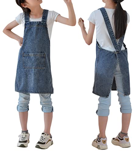 Vanoker Kids Denim Cotton Canvas Cross Back Aprons Kitchen Garden Square Children Pure Child Smock with Pocket for Baking Paint Cook (Blue, M)