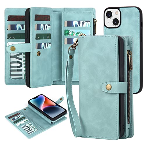 TwoHead Designed for iPhone 13 Wallet Case with Card Holder,Detachable Magnetic iPhone 13 Case with Wallet PU Leather Wallet Phone Case iPhone 13 Case Wallet for Women/Men with Wrist Strap(Blue)