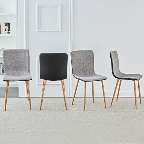 FurnitureR Dining Chair Set of 4, Scandinavian Accent Chairs Set Comfy Fabric Cushion Seat PU Back Side Chairs Kitchen Chairs with Sturdy Metal Legs for Kitchen, Dining, Living Room, Grey and Black