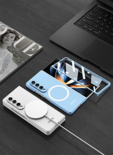 EAXER for Samsung Galaxy Z Fold 3 5G Case, Magnetic Cover Case, Built in Screen Protector Hard Glass Mag Safe Wireless Charging Phone Case (Blue)