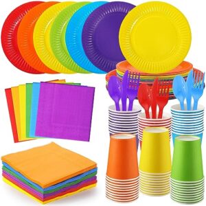 420 pieces rainbow disposable dinnerware tableware set 7 9 inch colorful party paper plates paper cups napkins spoons forks knives complete party pack for birthday neon fiesta party supplies