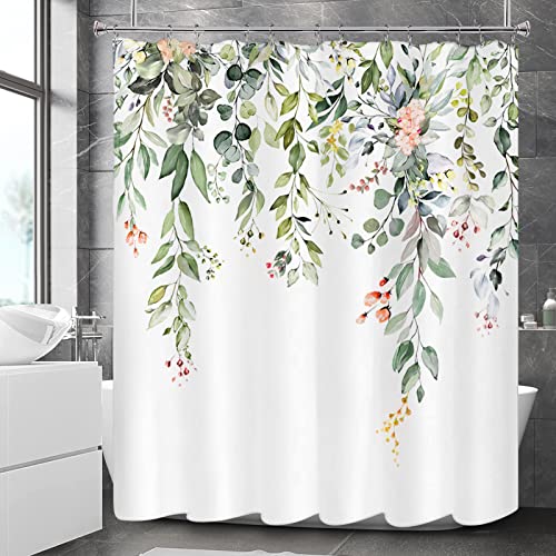 Awellife Floral Shower Curtain for Bathroom Green Botanical Shower Curtain Linen Texture Cloth Fabric