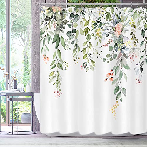 Awellife Floral Shower Curtain for Bathroom Green Botanical Shower Curtain Linen Texture Cloth Fabric