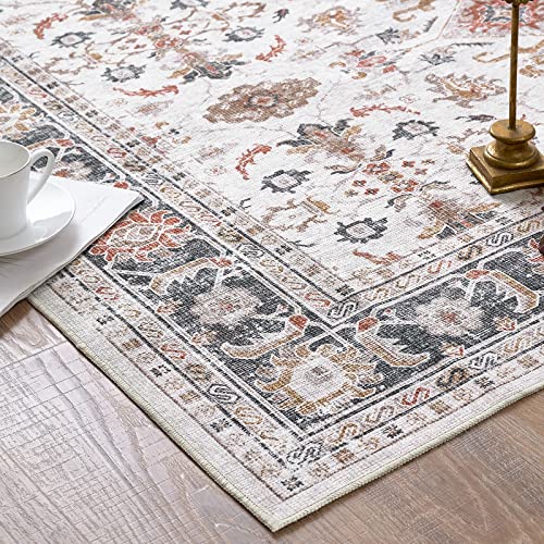 jinchan Area Rug 8x10 Taupe Vintage Persian Rug Traditional Area Rug Kitchen Floor Cover Foldable Thin Rug Distressed Floral Print Indoor Mat for Bedroom Living Room Dining Room