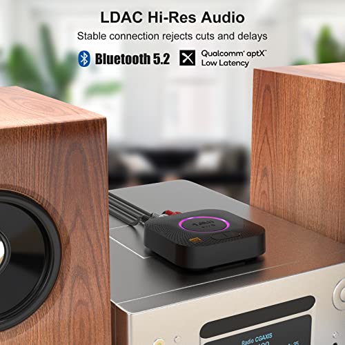 1Mii B06S+ Bluetooth 5.2 Receiver, HiFi Bluetooth Audio Adapter w/LDAC, aptx HD & aptx Low Latency, Long Range Hi-Res Audio with Volume Control, 3.5mm & RCA outputs, Easy Setup for Home Stereo System