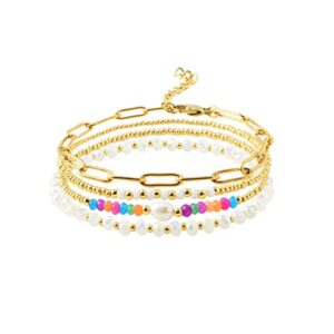 dainty gold pearl crystal beaded bracelets set for women 14k real gold plated bead pearl crystal beads bracelet stake paperclip link chain bracelets gold bracelets for women trendy jewelry (style1)