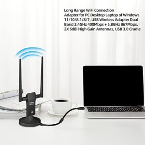 L-Link 1300Mbps Long Range USB WiFi Adapter for PC: Desktop Laptop of Windows 11/10/8.1/8/7, USB Wireless Adapter Dual Band 2.4GHz 400Mbps + 5.8GHz 867Mbps, 2X 5dBi High Gain Antennas, USB 3.0 Cradle