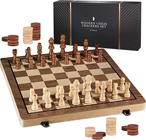 15" Wooden Chess Sets - Chess & Checkers Board Game | with 2 Extra Queens | Wooden Chess Set | Chess Board Set | Chess Sets for Adults | Chess Sets for Adults & Kids | Checkers Game for Kids & Adults