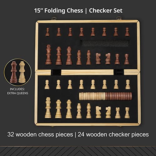 15" Wooden Chess Sets - Chess & Checkers Board Game | with 2 Extra Queens | Wooden Chess Set | Chess Board Set | Chess Sets for Adults | Chess Sets for Adults & Kids | Checkers Game for Kids & Adults