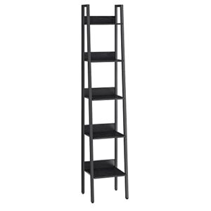 vasagle bookshelf, 5-tier narrow book shelf, ladder shelf for home office, living room, bedroom, kitchen, black with wood grain ulls109b56