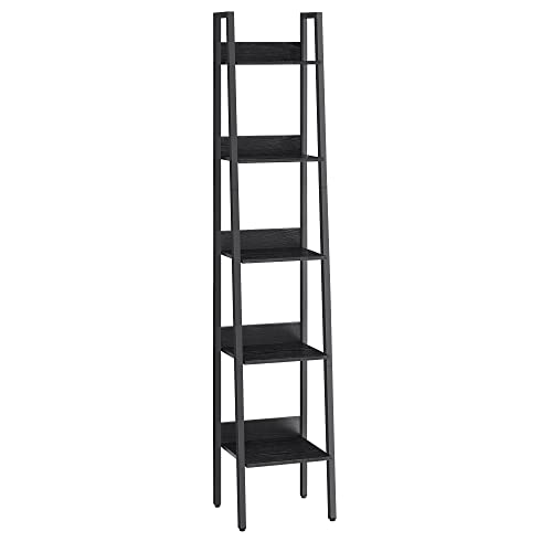 VASAGLE Bookshelf, 5-Tier Narrow Book Shelf, Ladder Shelf for Home Office, Living Room, Bedroom, Kitchen, Black with Wood Grain ULLS109B56