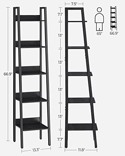 VASAGLE Bookshelf, 5-Tier Narrow Book Shelf, Ladder Shelf for Home Office, Living Room, Bedroom, Kitchen, Black with Wood Grain ULLS109B56