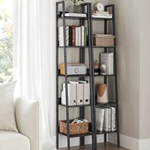 VASAGLE Bookshelf, 5-Tier Narrow Book Shelf, Ladder Shelf for Home Office, Living Room, Bedroom, Kitchen, Black with Wood Grain ULLS109B56