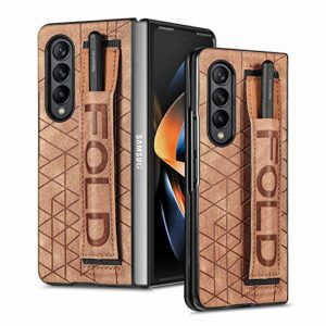 eaxer for samsung galaxy z fold 3 5g case, luxury fashion leather case cover with wristband strap & s pen holder folding pu leather phone case (brown)