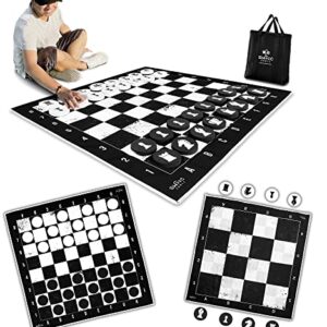 SWOOC Games - 3-in-1 Giant Checkers, Chess, & Chess Tac Toe Game with Mat (4ft x 4ft) - Machine-Washable Canvas & 5" Big Foam Discs - Giant Chess Set Outdoor & Checkers Board Game for Adults & Kids