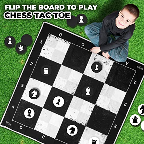 SWOOC Games - 3-in-1 Giant Checkers, Chess, & Chess Tac Toe Game with Mat (4ft x 4ft) - Machine-Washable Canvas & 5" Big Foam Discs - Giant Chess Set Outdoor & Checkers Board Game for Adults & Kids