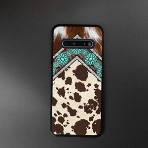 KSHSAA Designed for LG V60 ThinQ 5G Western Case, Western Cowhide Turquoise and Brown Animal Print Designed for LG Case Women Men, Soft Silicone Shockproof Case for LG