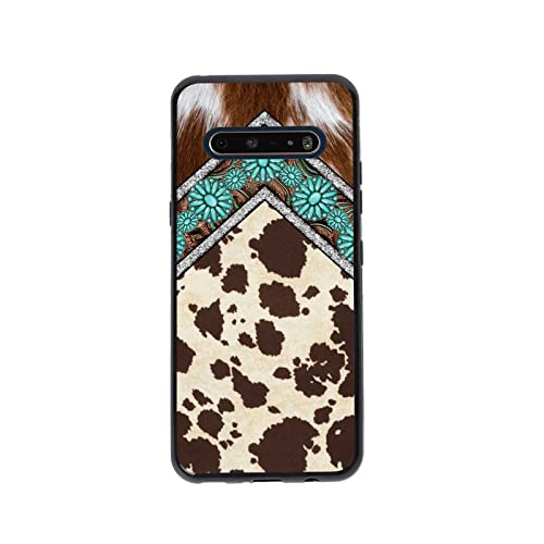 KSHSAA Designed for LG V60 ThinQ 5G Western Case, Western Cowhide Turquoise and Brown Animal Print Designed for LG Case Women Men, Soft Silicone Shockproof Case for LG