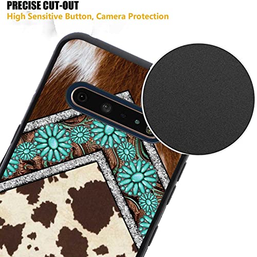 KSHSAA Designed for LG V60 ThinQ 5G Western Case, Western Cowhide Turquoise and Brown Animal Print Designed for LG Case Women Men, Soft Silicone Shockproof Case for LG