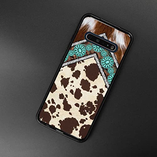 KSHSAA Designed for LG V60 ThinQ 5G Western Case, Western Cowhide Turquoise and Brown Animal Print Designed for LG Case Women Men, Soft Silicone Shockproof Case for LG
