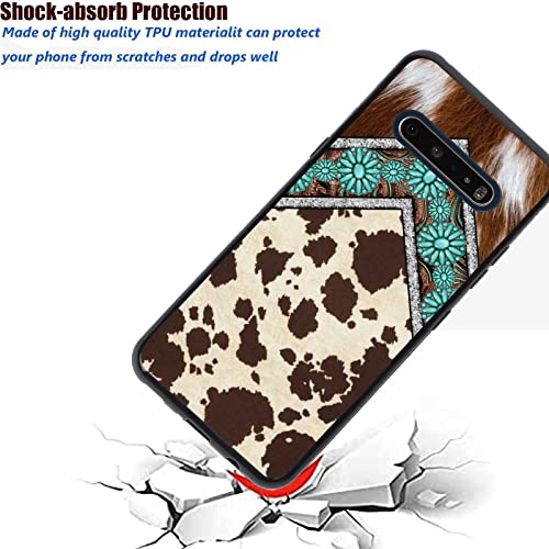 KSHSAA Designed for LG V60 ThinQ 5G Western Case, Western Cowhide Turquoise and Brown Animal Print Designed for LG Case Women Men, Soft Silicone Shockproof Case for LG