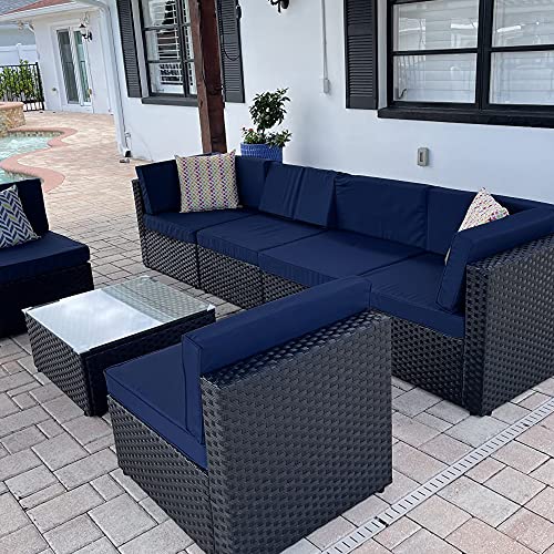 Sqodok Patio Cushion Covers Outdoor Cushions Cover Replacement for 7Pieces 6-Seater Outdoor Furniture Sofa Waterproof 14Pack Cushion Slipcovers Set for Sectional Wicker Seat and Back, Blue