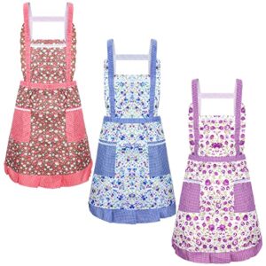 zhanmai 3 pieces women floral aprons kitchen with pockets soft chef aprons girls cooking aprons for cooking gardening size small to medium (purple, blue, peach)