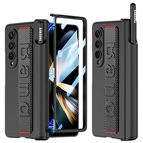 DEMCERT for Samsung Galaxy Z Fold 3 5G Hinge Case with Strap,Luxury PC Magnetic Shockproof Cover with Screen Protector S Pen Slot for Samsung Galaxy Z Fold 3 5G (Carbon Fibre)