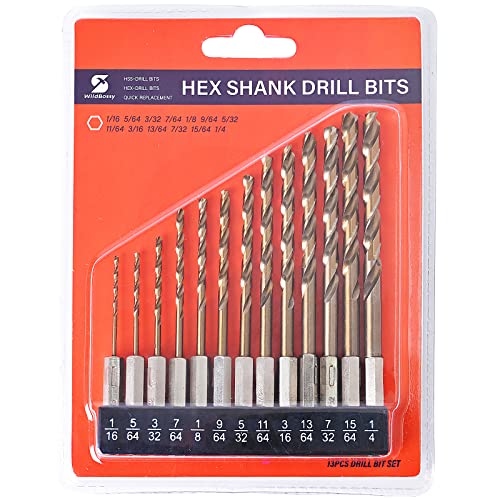 Hex Shank M35 Cobalt Drill Bit Set 13 Pcs (1/16"-1/4"), Impact Quick Change Drill Bit Set for Cast Iron, Hardened Metal, Stainless Steel, Wood and Plastic