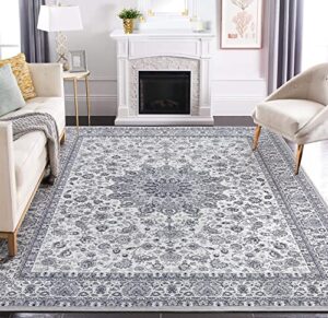 area rug living room rugs: 8x10 oriental persian floral distressed carpet large machine washable indoor non slip carpets for under dining table farmhouse bedroom nursery home office grey blue