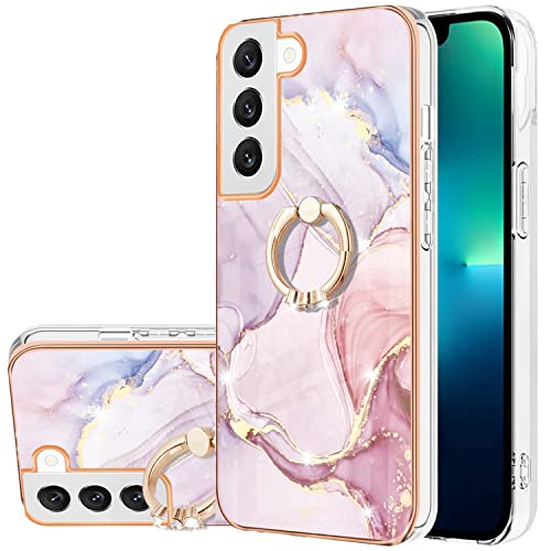 Monwutong Slim Fit Phone Case for Samsung Galaxy S23 (Not fit S23 Plus), IMD Marble Pattern Shiny Ring Kickstand Case for Girls,with Camera and Screen Protect Cover for Galaxy S23,ZHDD Rose Gold